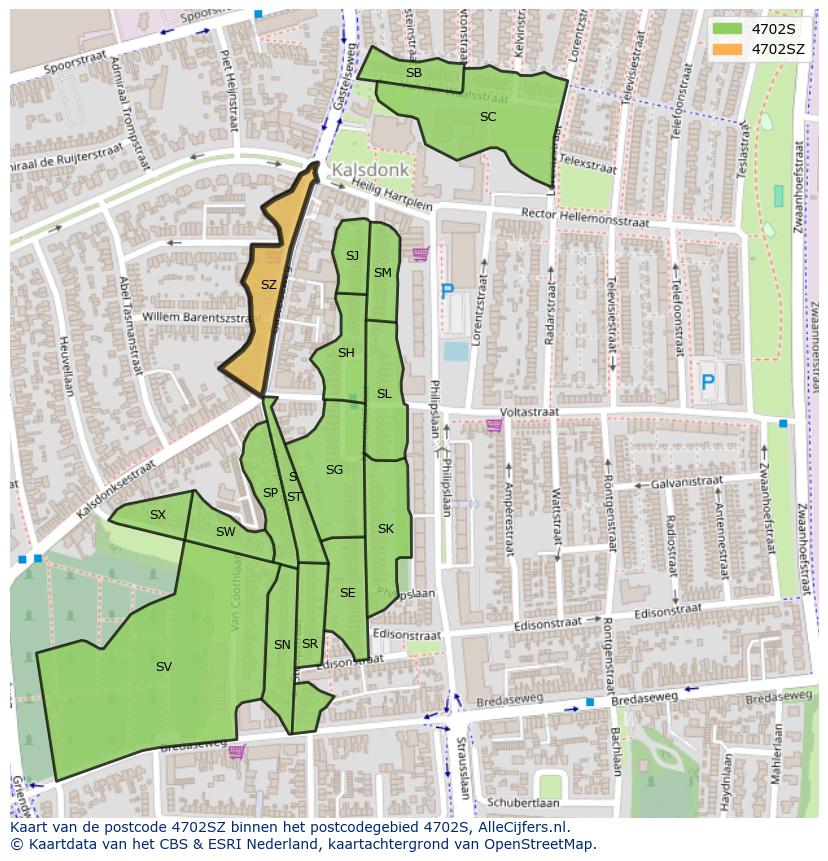 Afbeelding van het postcodegebied 4702 SZ op de kaart.