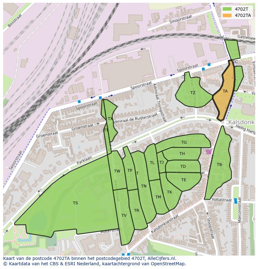 Afbeelding van het postcodegebied 4702 TA op de kaart.