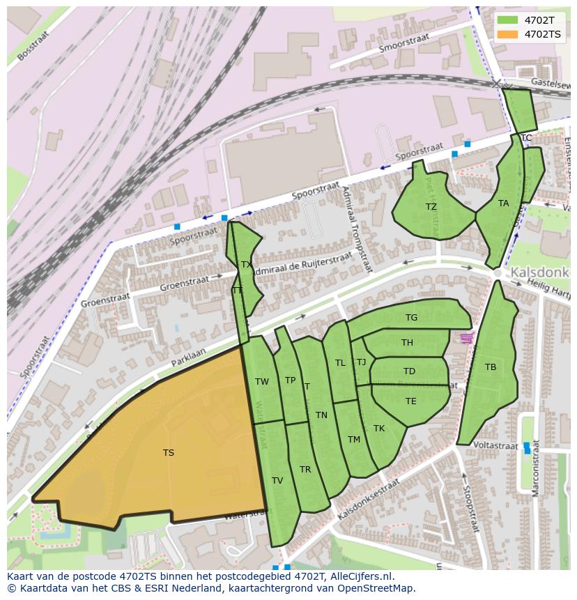 Afbeelding van het postcodegebied 4702 TS op de kaart.