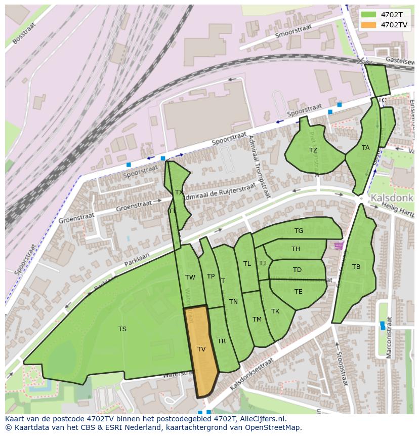 Afbeelding van het postcodegebied 4702 TV op de kaart.