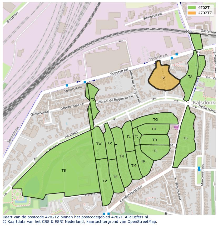 Afbeelding van het postcodegebied 4702 TZ op de kaart.