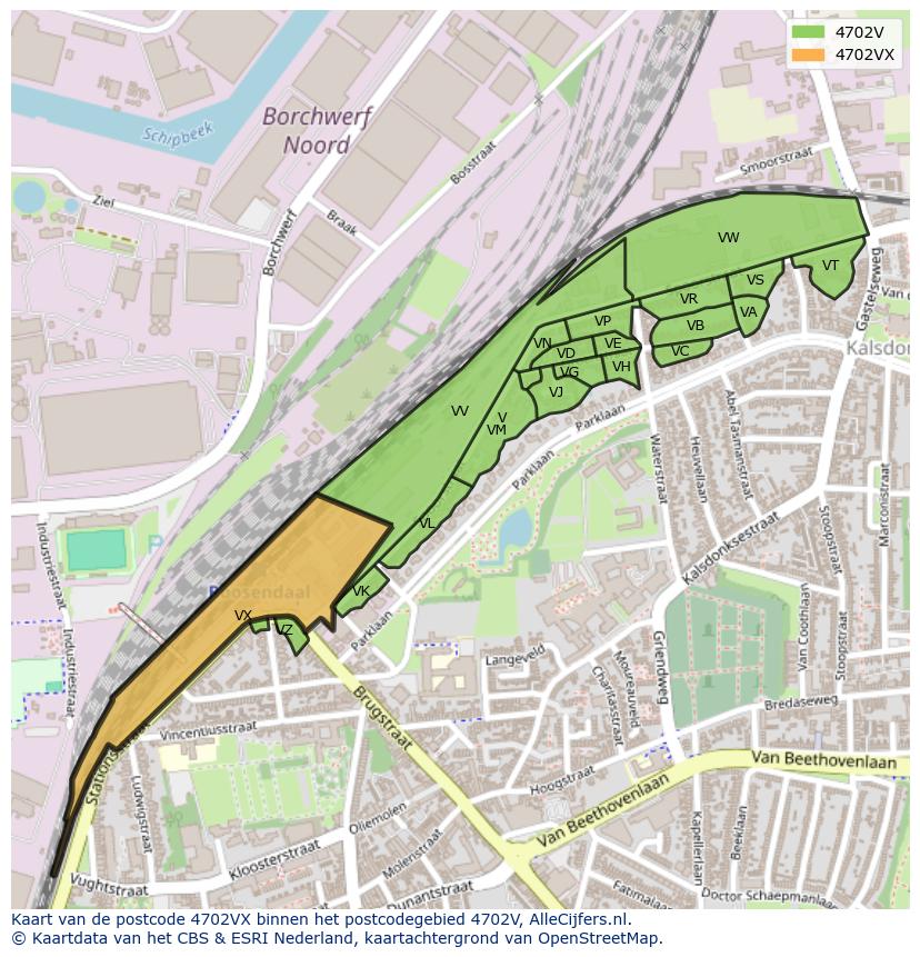 Afbeelding van het postcodegebied 4702 VX op de kaart.