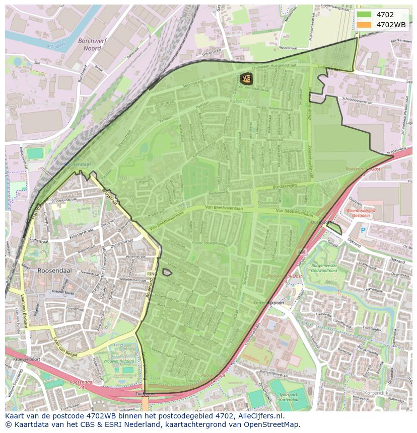 Afbeelding van het postcodegebied 4702 WB op de kaart.