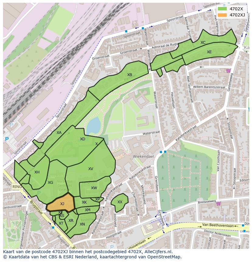 Afbeelding van het postcodegebied 4702 XJ op de kaart.
