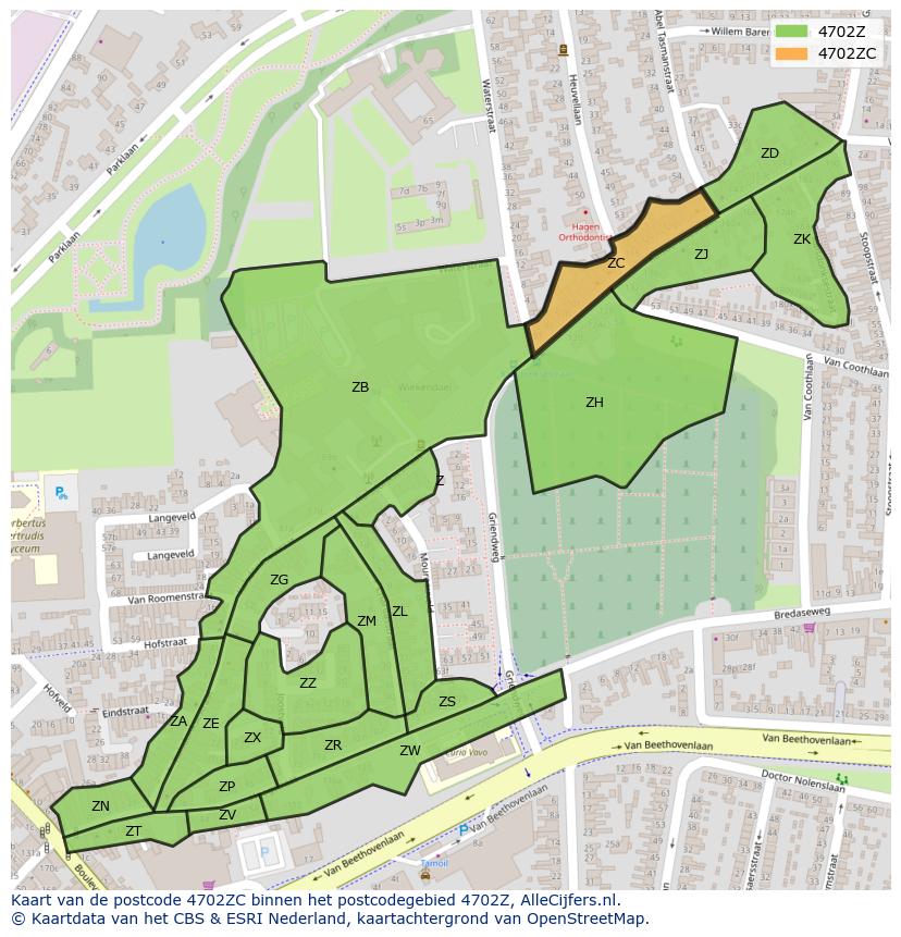 Afbeelding van het postcodegebied 4702 ZC op de kaart.