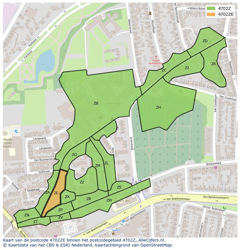 Afbeelding van het postcodegebied 4702 ZE op de kaart.