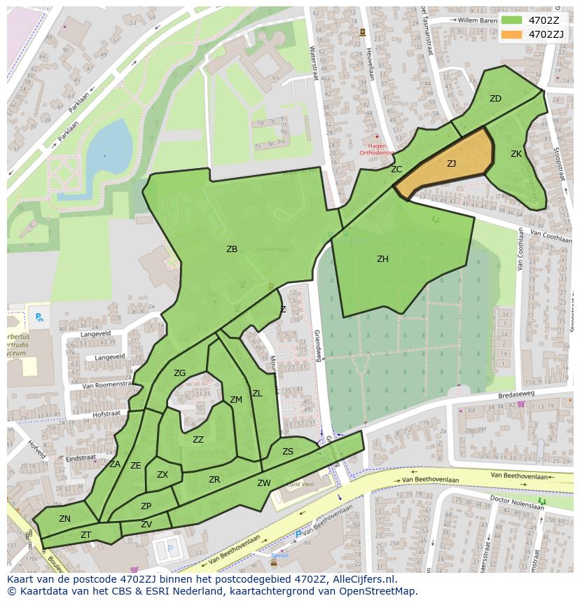 Afbeelding van het postcodegebied 4702 ZJ op de kaart.