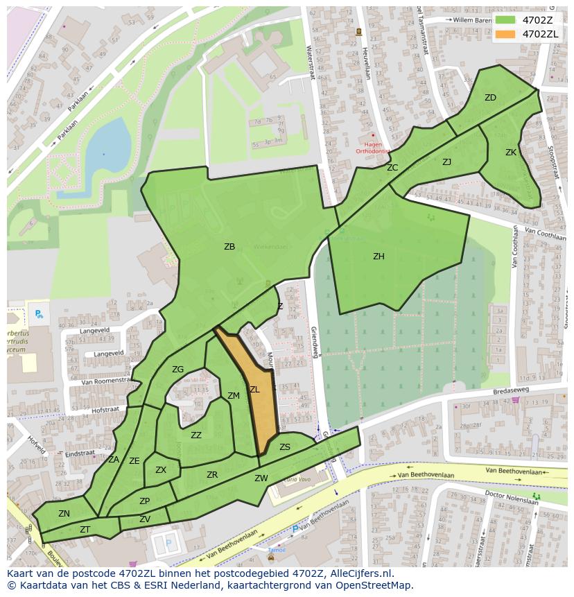 Afbeelding van het postcodegebied 4702 ZL op de kaart.