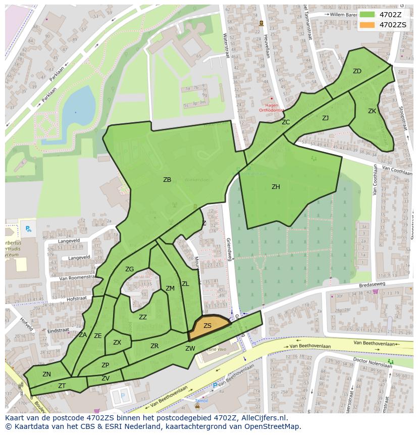 Afbeelding van het postcodegebied 4702 ZS op de kaart.