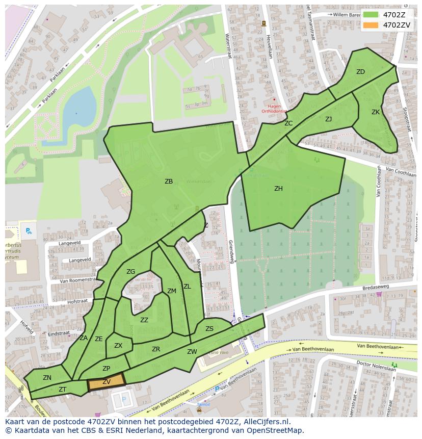 Afbeelding van het postcodegebied 4702 ZV op de kaart.