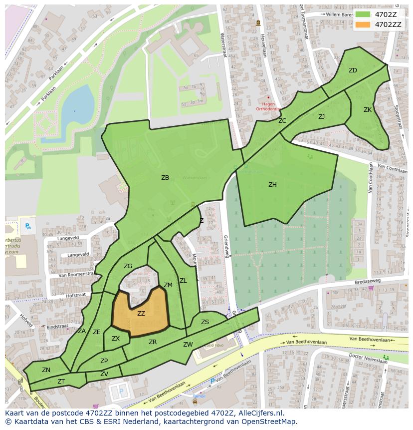 Afbeelding van het postcodegebied 4702 ZZ op de kaart.
