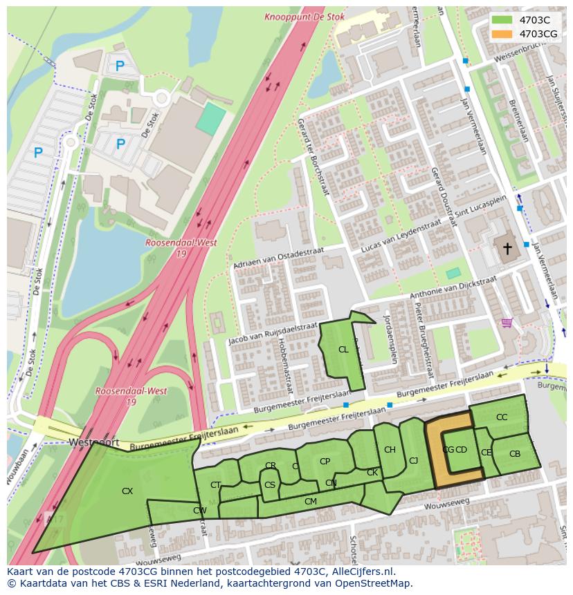 Afbeelding van het postcodegebied 4703 CG op de kaart.