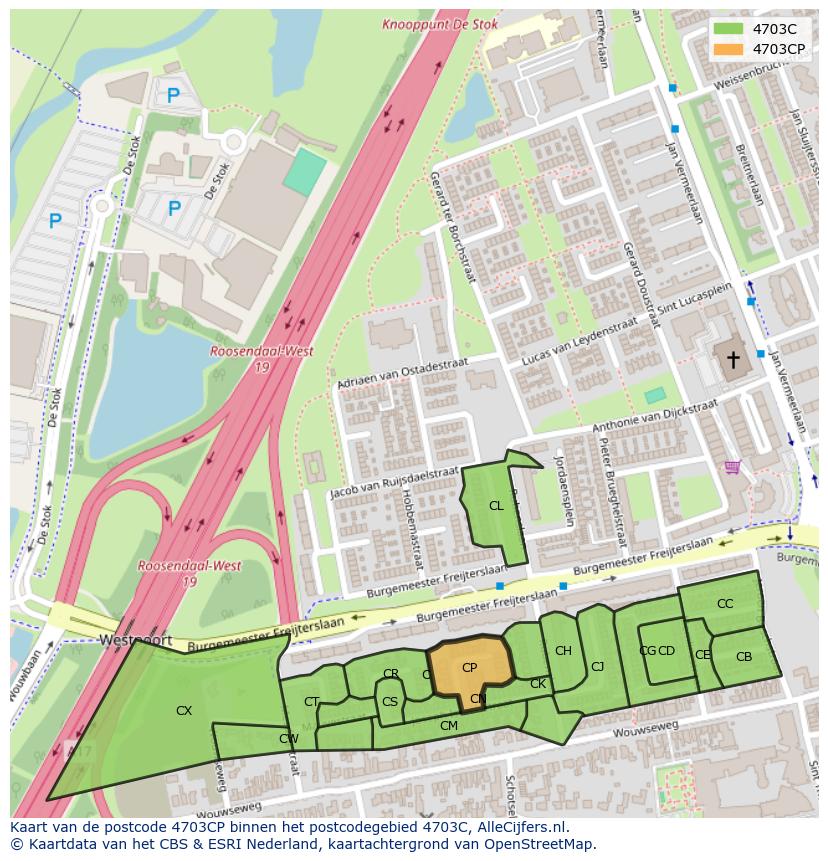 Afbeelding van het postcodegebied 4703 CP op de kaart.