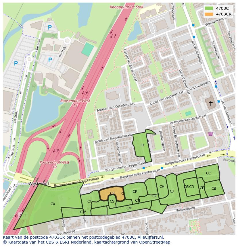 Afbeelding van het postcodegebied 4703 CR op de kaart.
