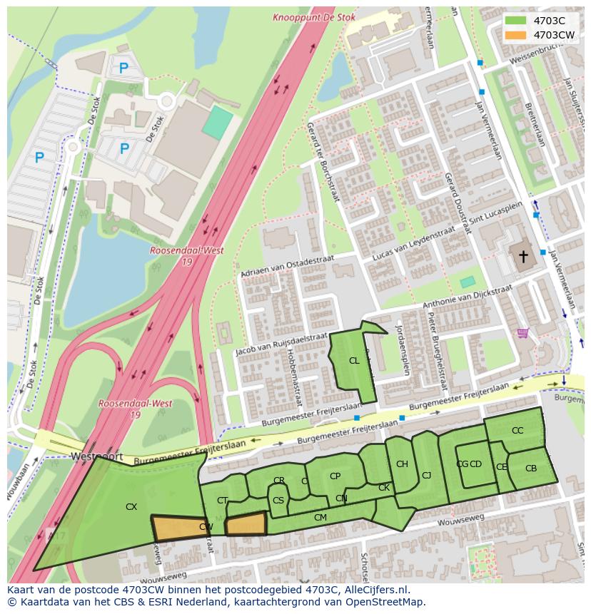 Afbeelding van het postcodegebied 4703 CW op de kaart.