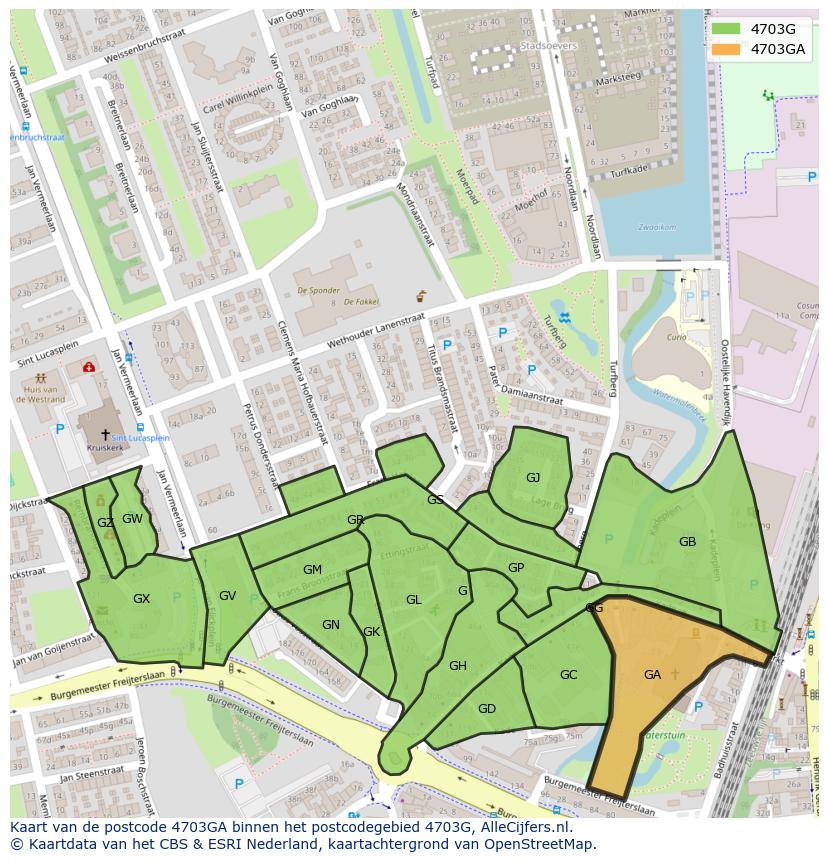 Afbeelding van het postcodegebied 4703 GA op de kaart.
