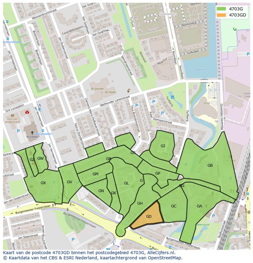 Afbeelding van het postcodegebied 4703 GD op de kaart.