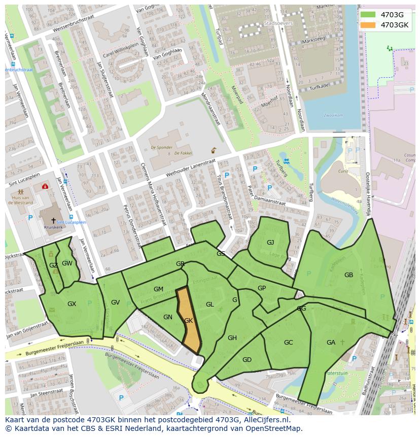 Afbeelding van het postcodegebied 4703 GK op de kaart.
