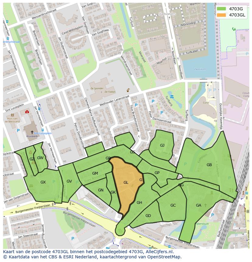 Afbeelding van het postcodegebied 4703 GL op de kaart.