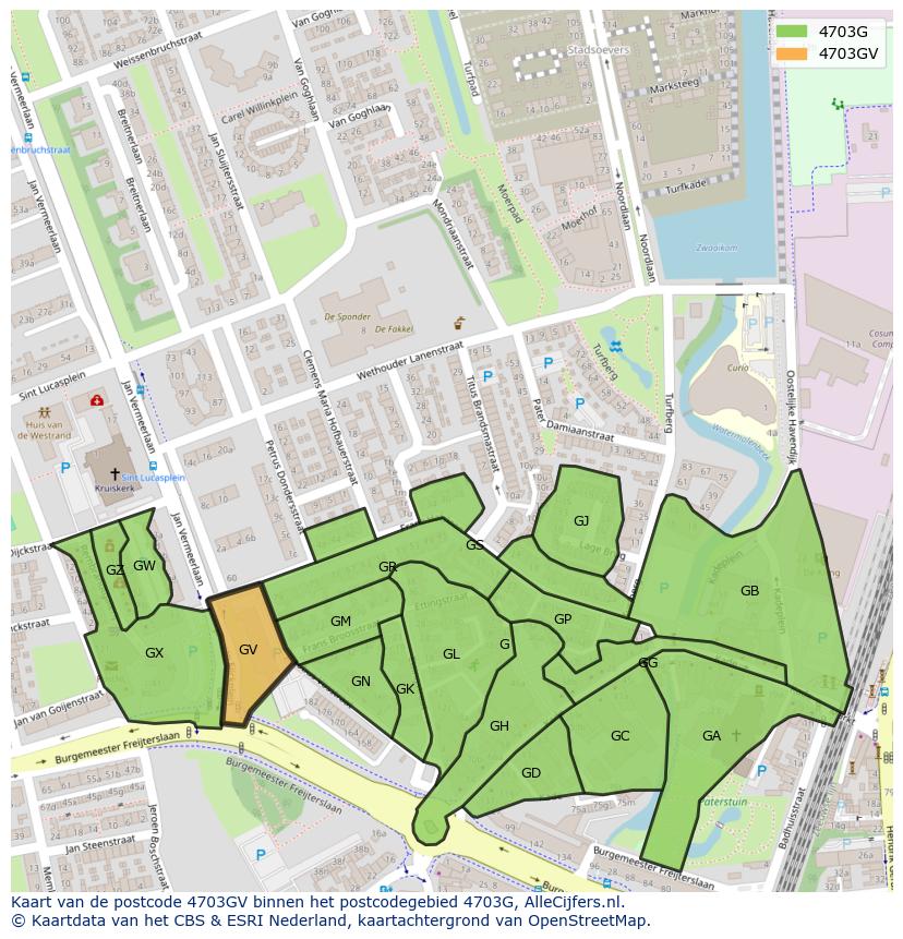 Afbeelding van het postcodegebied 4703 GV op de kaart.