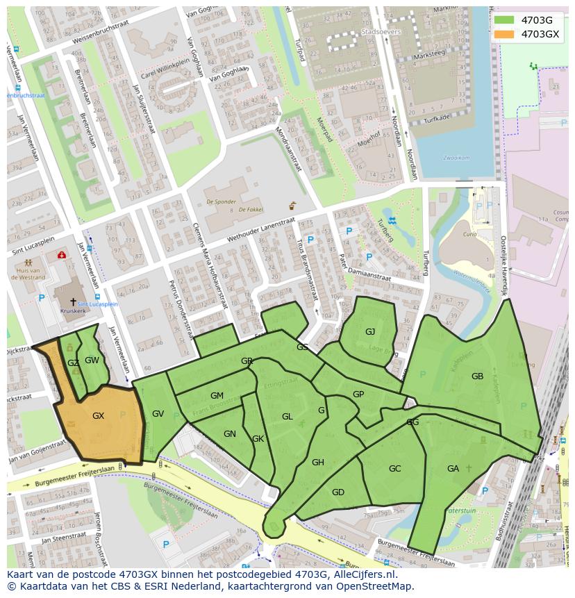 Afbeelding van het postcodegebied 4703 GX op de kaart.