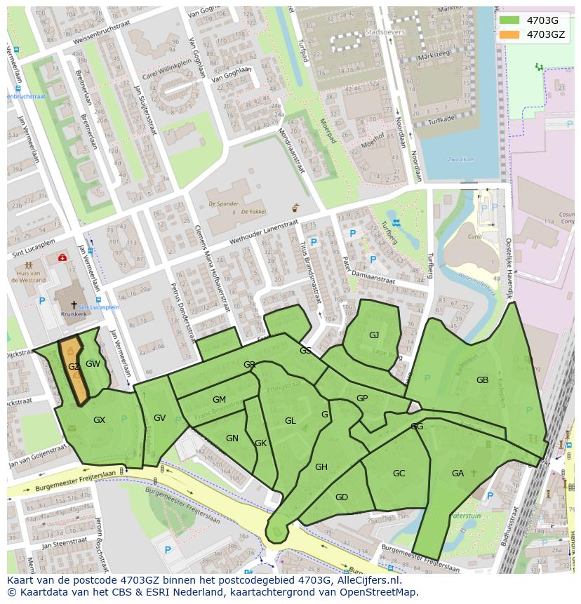 Afbeelding van het postcodegebied 4703 GZ op de kaart.