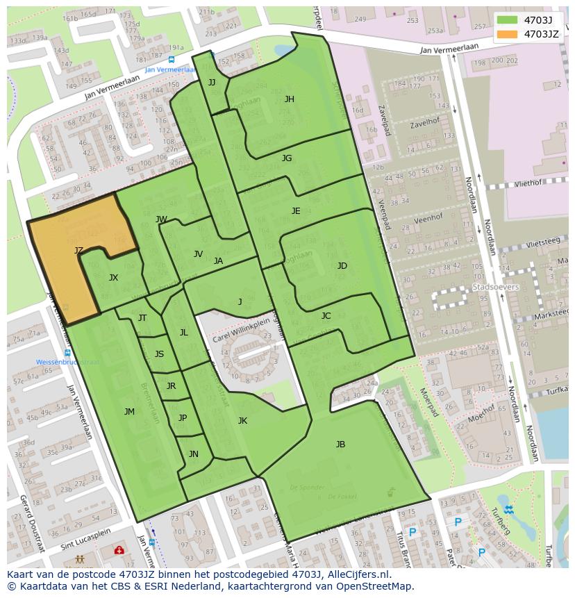 Afbeelding van het postcodegebied 4703 JZ op de kaart.