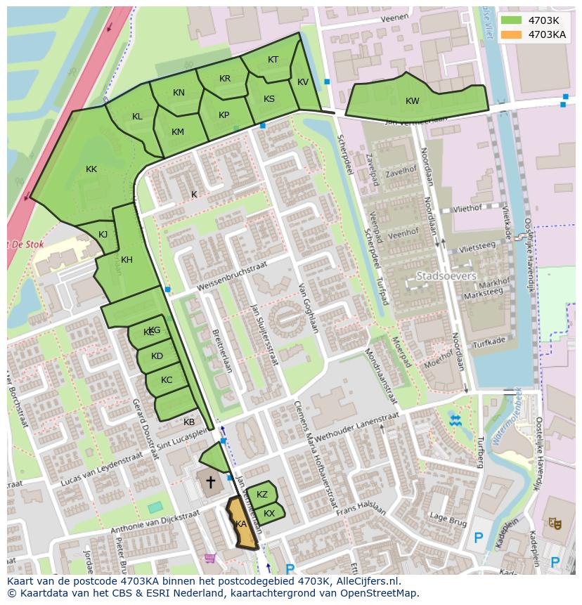 Afbeelding van het postcodegebied 4703 KA op de kaart.