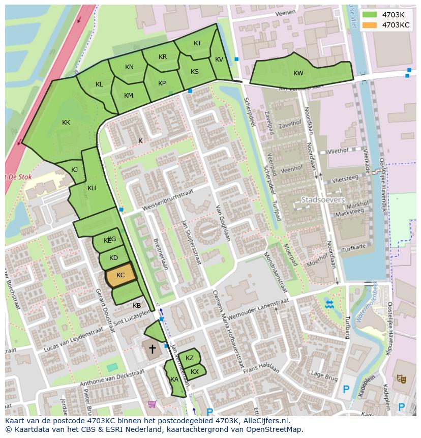 Afbeelding van het postcodegebied 4703 KC op de kaart.