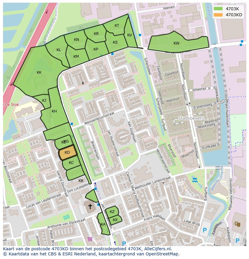 Afbeelding van het postcodegebied 4703 KD op de kaart.