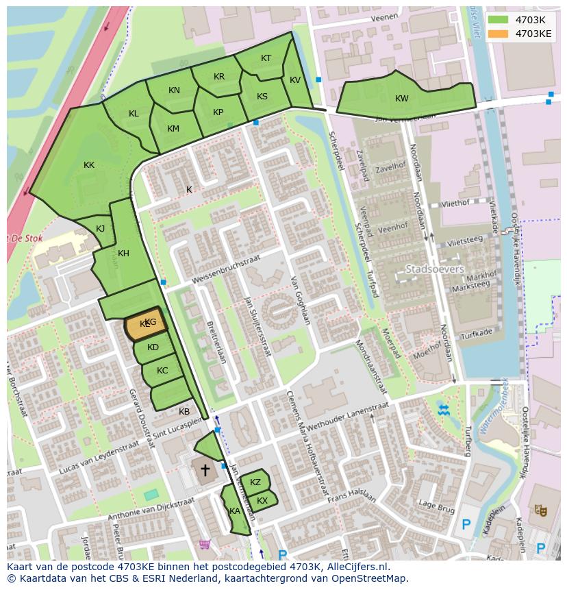 Afbeelding van het postcodegebied 4703 KE op de kaart.