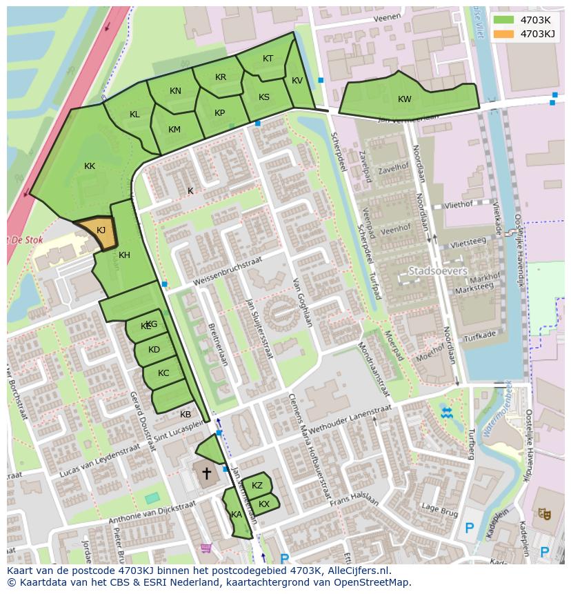 Afbeelding van het postcodegebied 4703 KJ op de kaart.