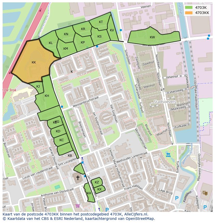 Afbeelding van het postcodegebied 4703 KK op de kaart.