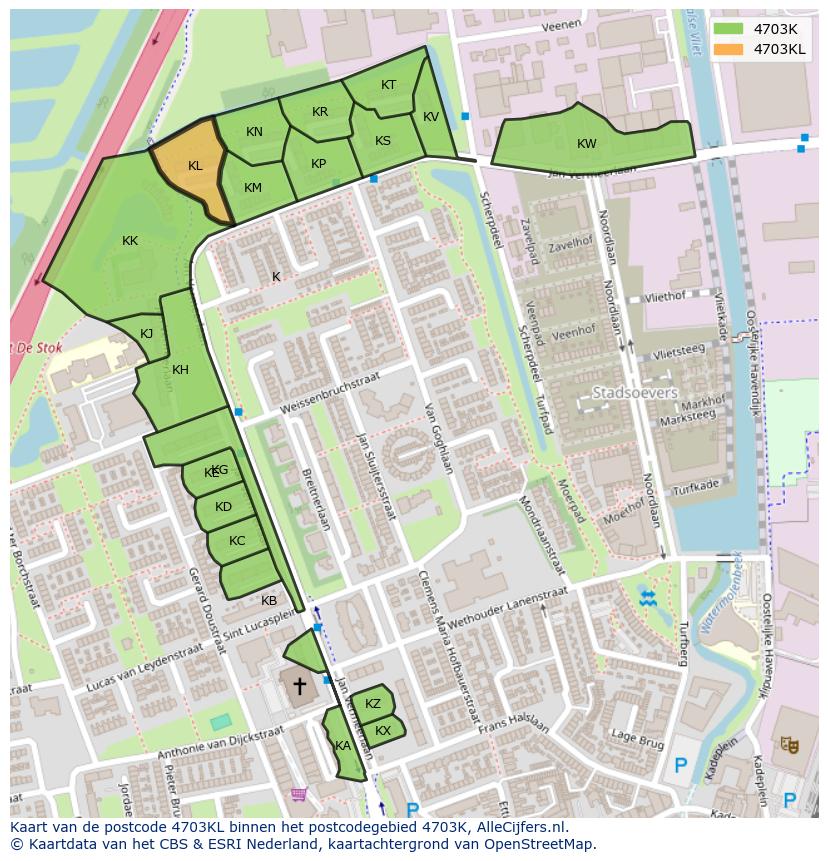 Afbeelding van het postcodegebied 4703 KL op de kaart.