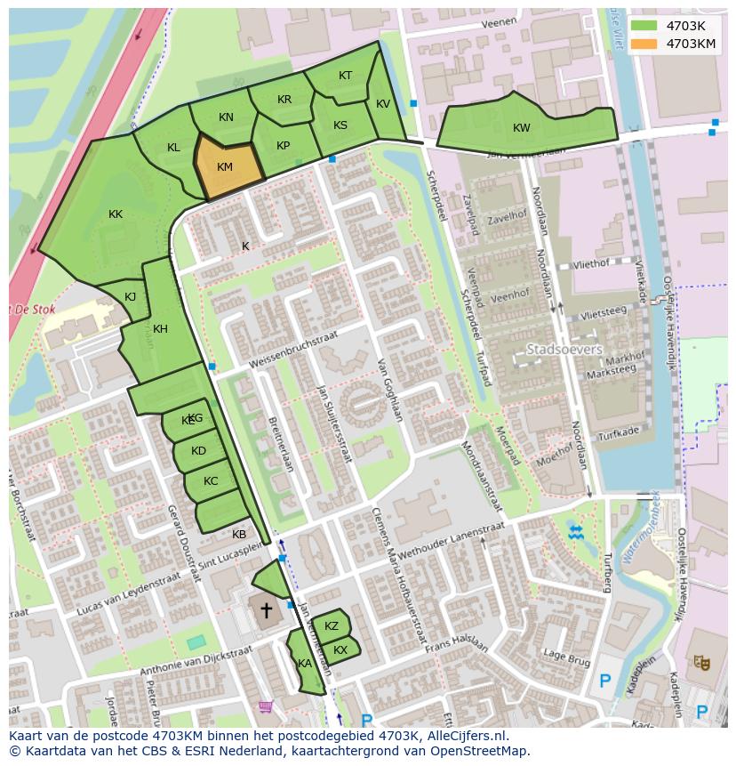 Afbeelding van het postcodegebied 4703 KM op de kaart.