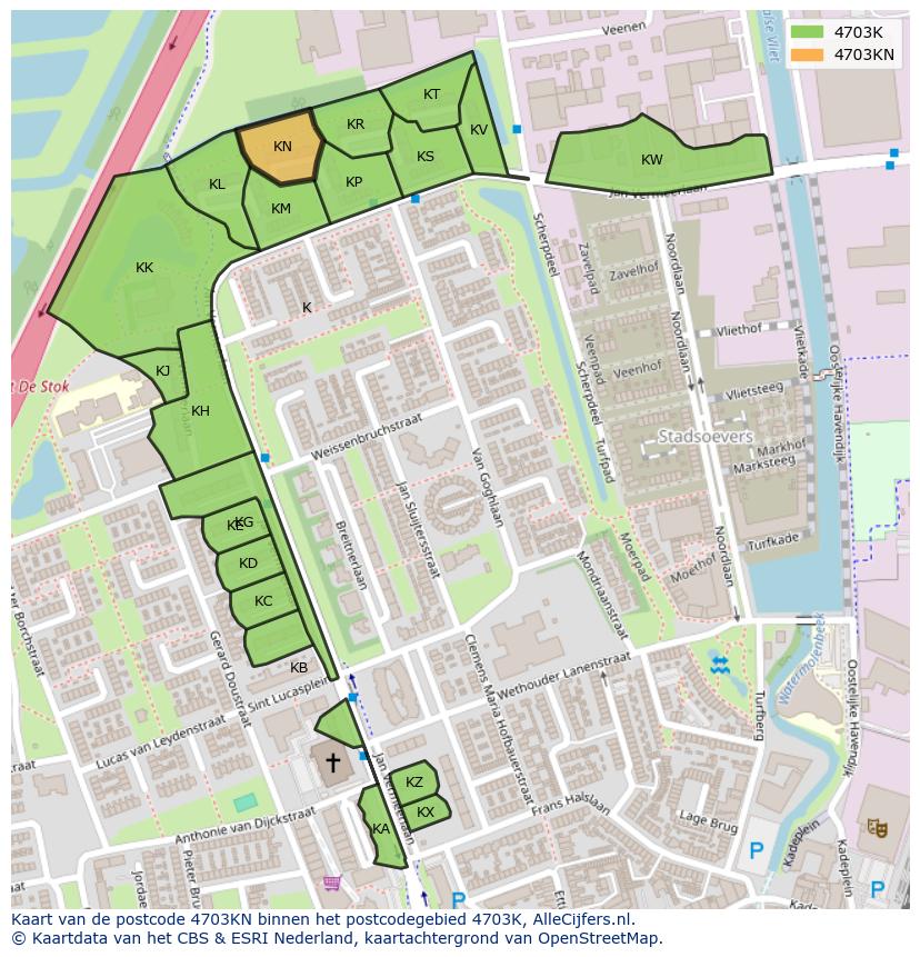 Afbeelding van het postcodegebied 4703 KN op de kaart.
