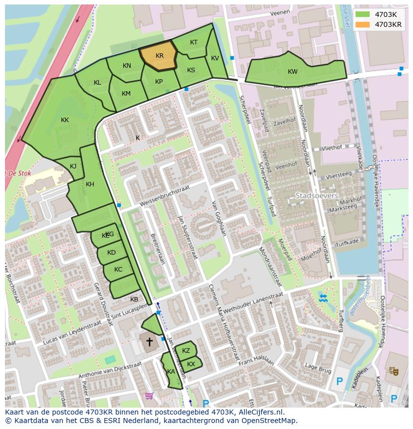 Afbeelding van het postcodegebied 4703 KR op de kaart.