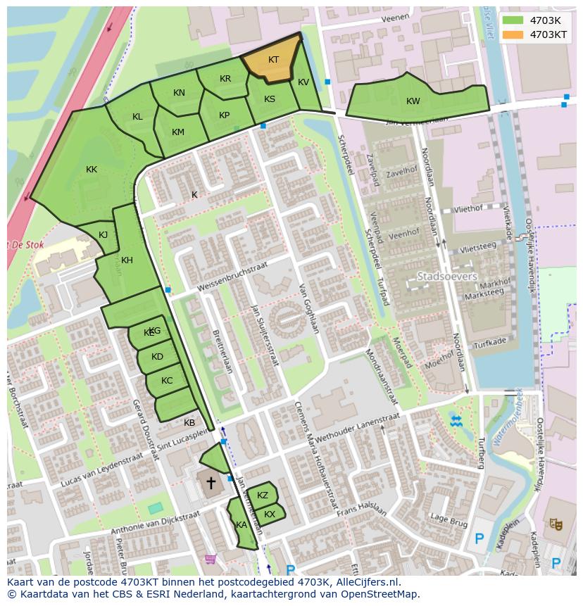 Afbeelding van het postcodegebied 4703 KT op de kaart.