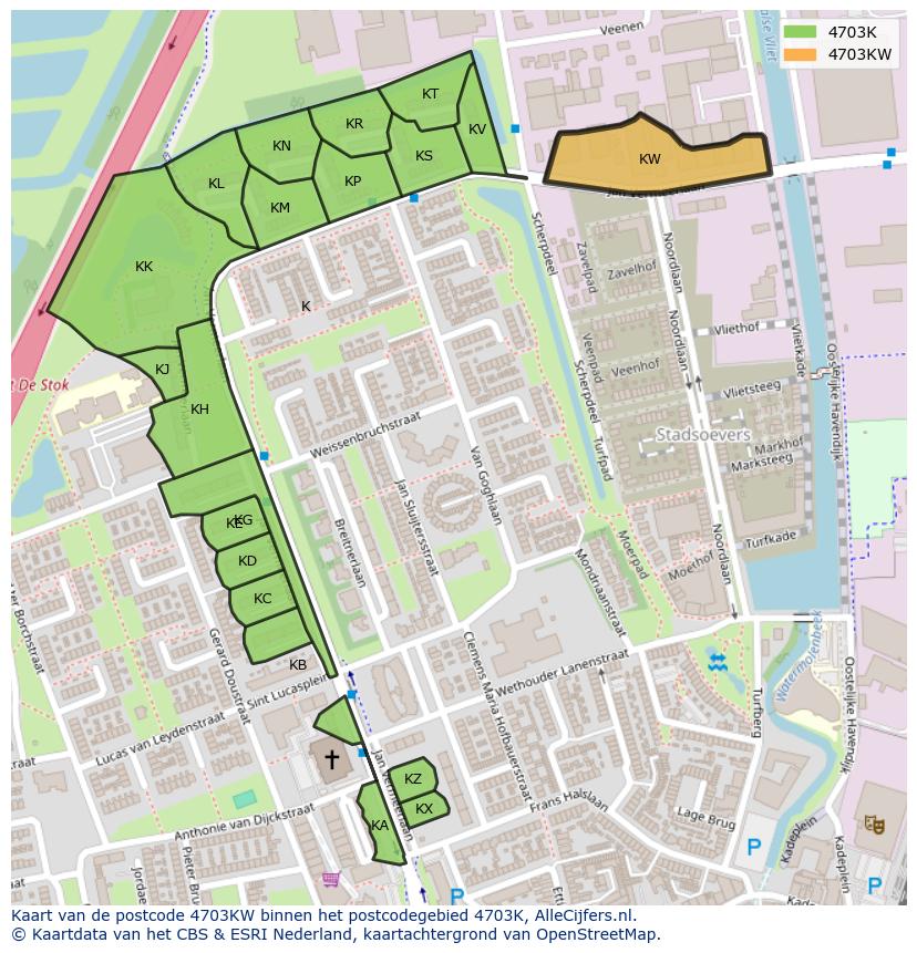 Afbeelding van het postcodegebied 4703 KW op de kaart.