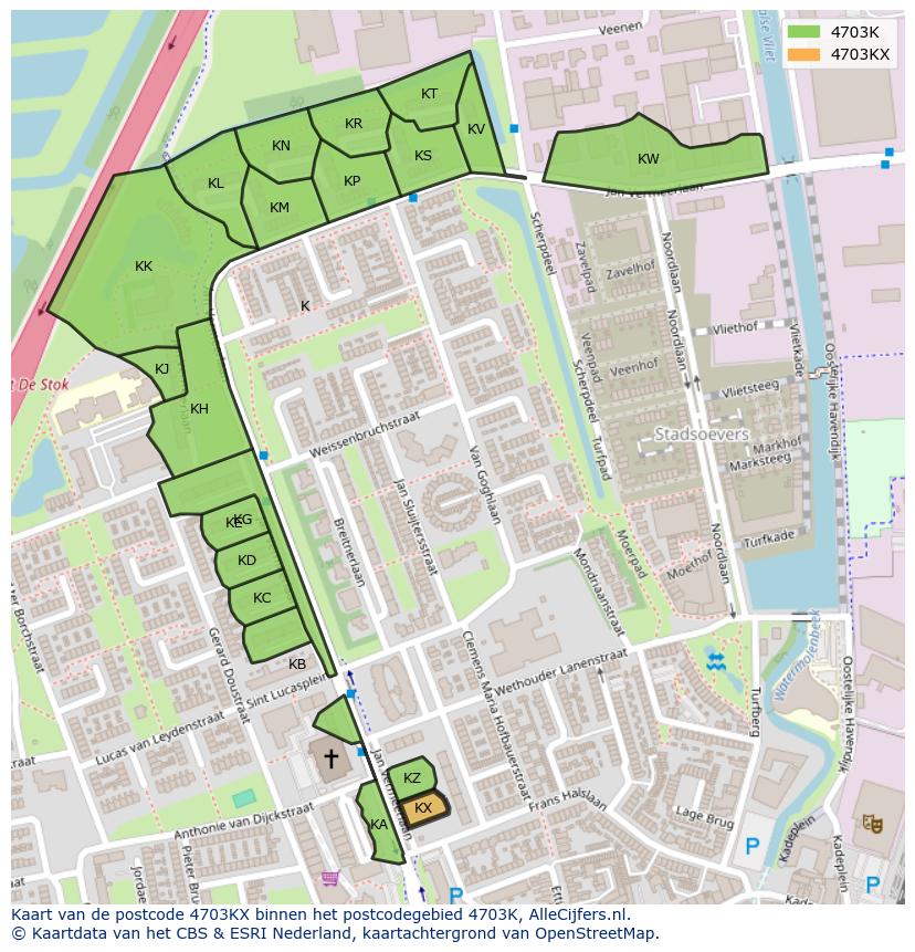 Afbeelding van het postcodegebied 4703 KX op de kaart.