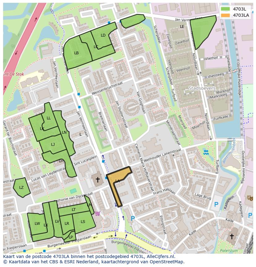 Afbeelding van het postcodegebied 4703 LA op de kaart.