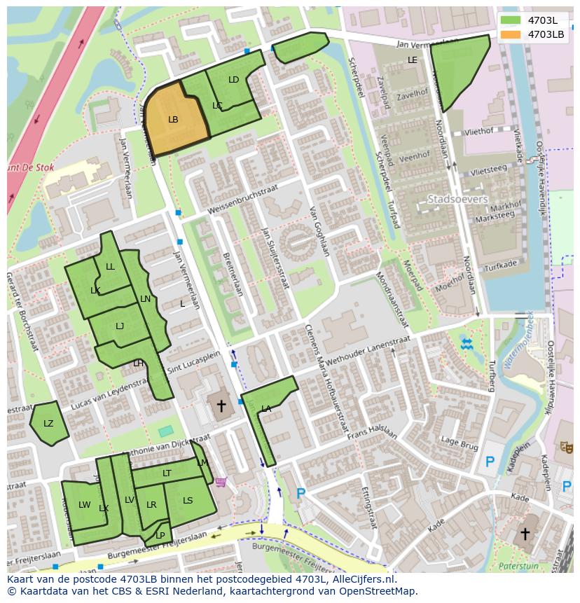 Afbeelding van het postcodegebied 4703 LB op de kaart.