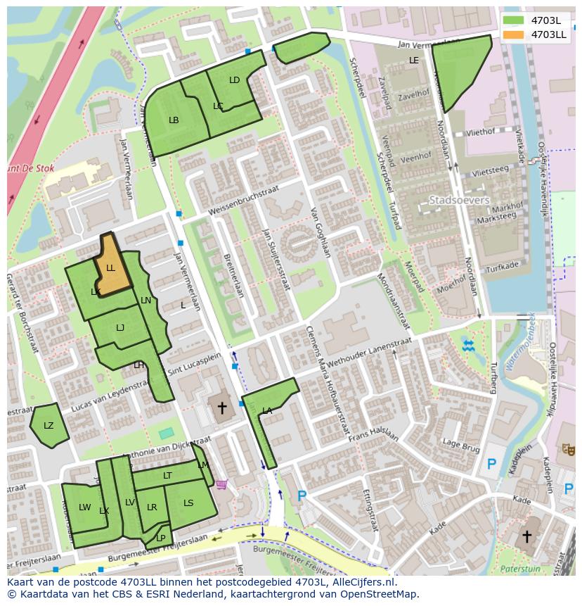 Afbeelding van het postcodegebied 4703 LL op de kaart.