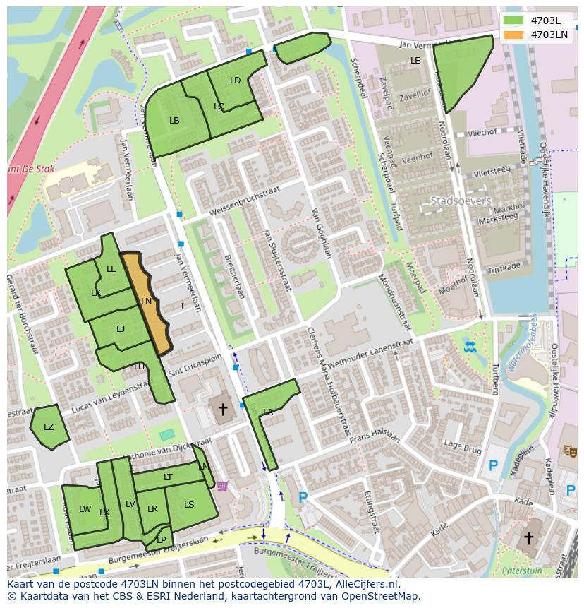 Afbeelding van het postcodegebied 4703 LN op de kaart.