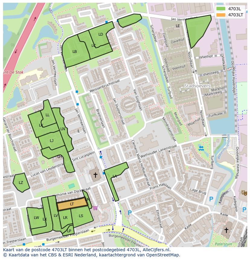 Afbeelding van het postcodegebied 4703 LT op de kaart.