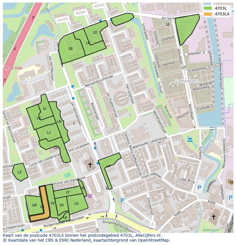 Afbeelding van het postcodegebied 4703 LX op de kaart.