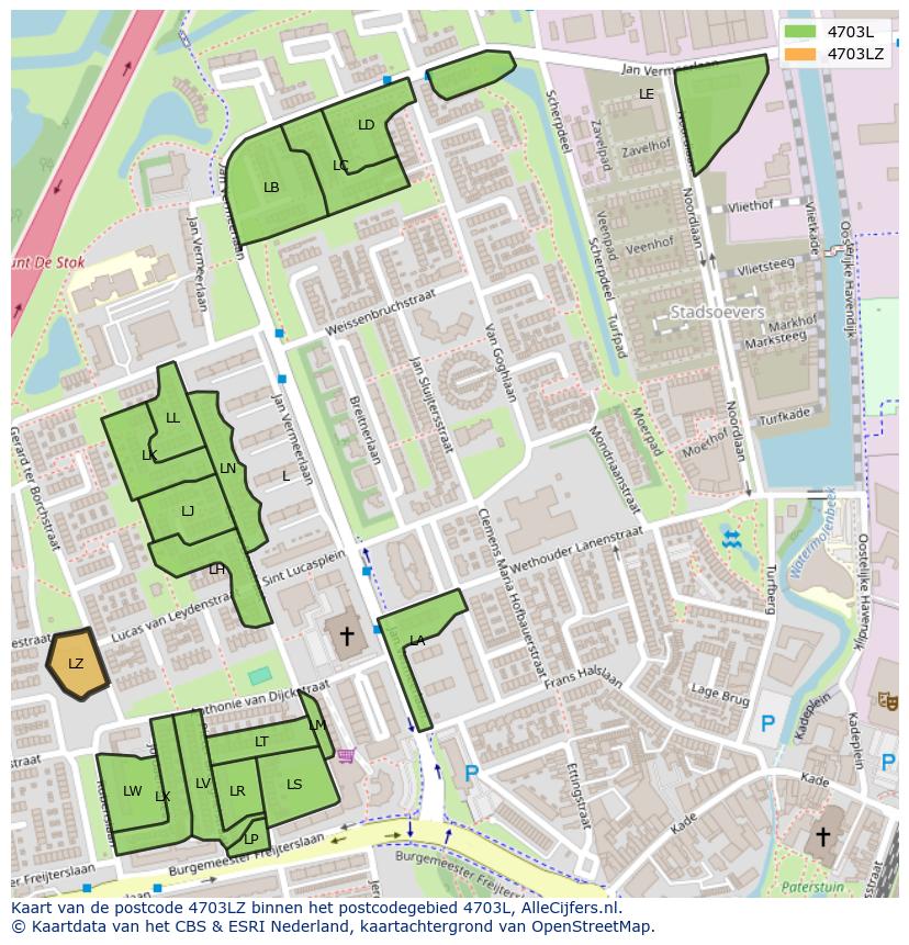 Afbeelding van het postcodegebied 4703 LZ op de kaart.