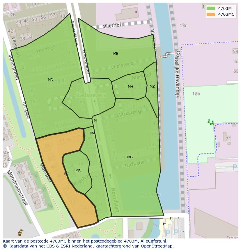 Afbeelding van het postcodegebied 4703 MC op de kaart.