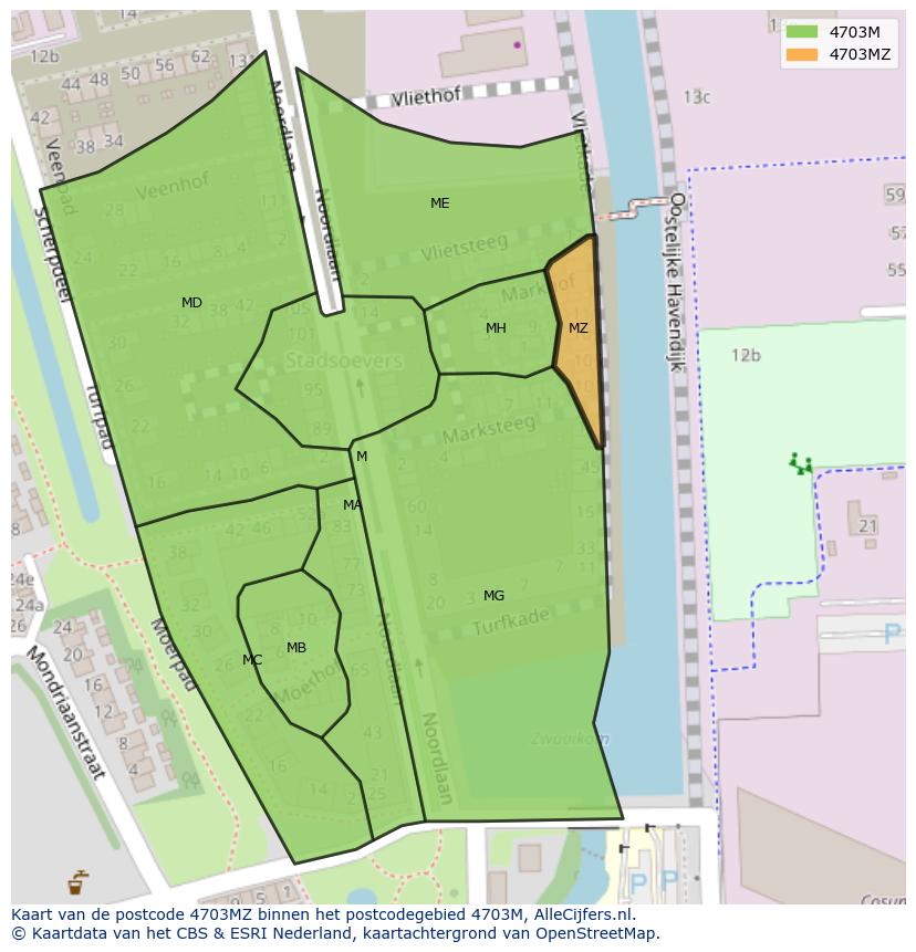 Afbeelding van het postcodegebied 4703 MZ op de kaart.