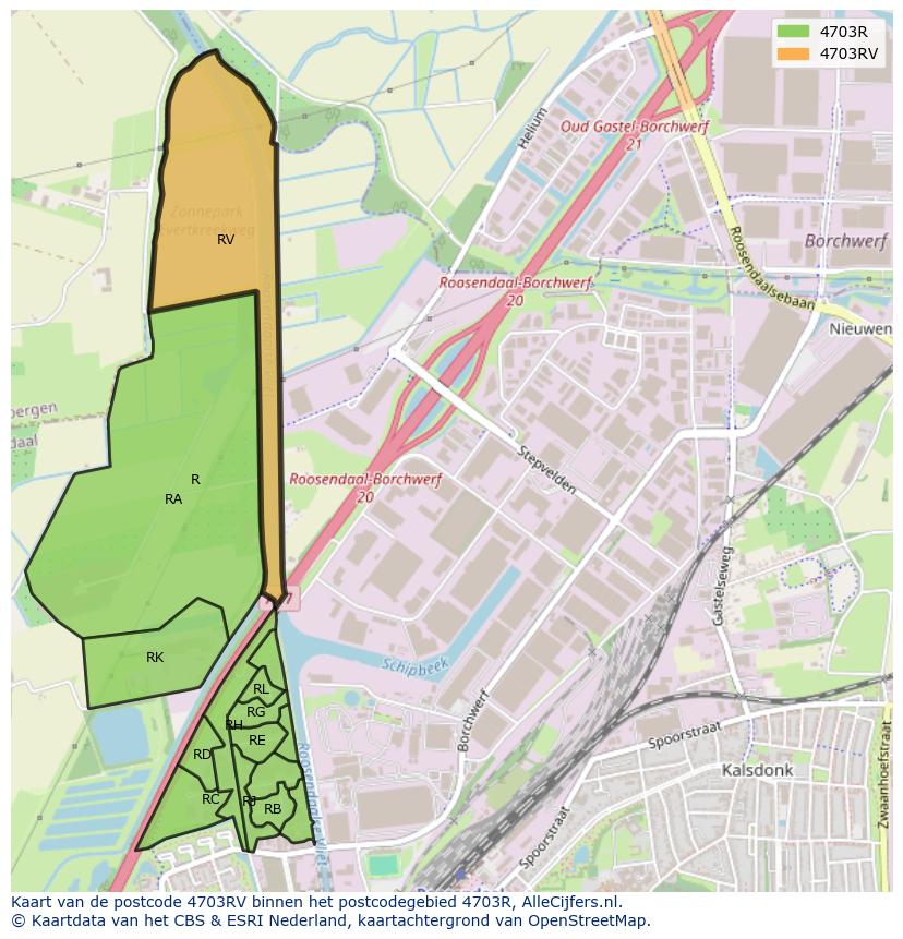 Afbeelding van het postcodegebied 4703 RV op de kaart.